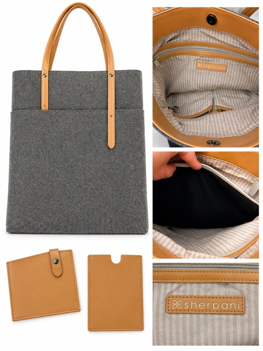 Sherpani Gray Felt Tote w/ Tan Vegan Leather Straps + Matching Card Holder Set - Picture 3 of 5